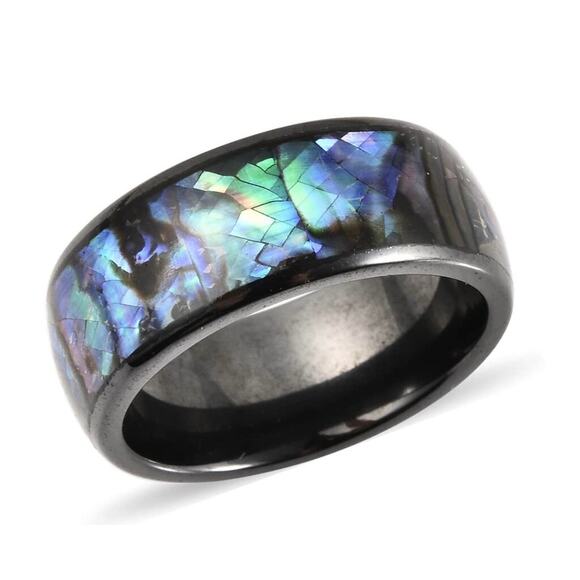Unisex Abalone and Black Ceramic Ring in Stainless Steel Size 6.75 - Picture 1 of 7